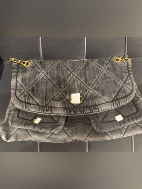 Quilted Black Denim Shoulder Bag with Gold Chain